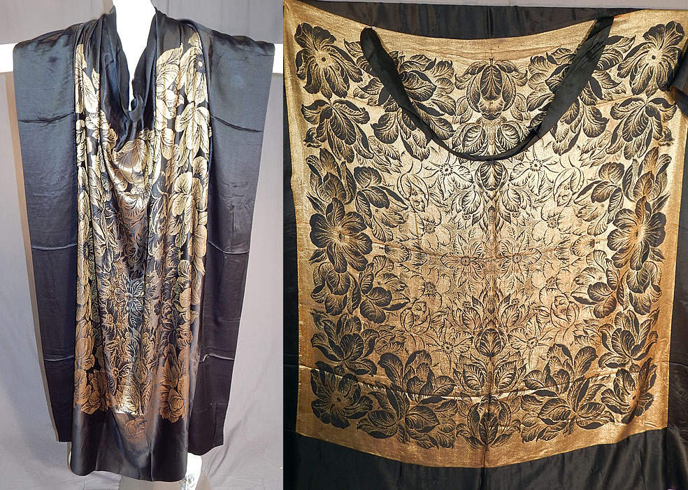 Vintage Art Deco Black Silk Gold Lamé Lame Flapper Cloak Cape Shawl Scarf
This fabulous flapper shawl scarf fabric has a black silk border edging surrounding it and an attached black silk fabric strap inside for perhaps wearing as a cloak cape which is safety pinned on one side.