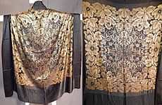 Vintage Art Deco Black Silk Gold Lamé Lame Flapper Cloak Cape Shawl Scarf
