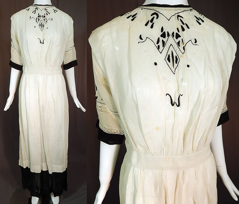 Edwardian Black White Muslin Cotton Arts & Crafts Embroidered Lace Dress
This vintage Edwardian era black and white muslin cotton Arts & Crafts embroidered lace dress dates from 1910.