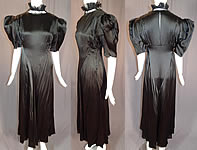 Vintage Black Silk Charmeuse Lace Ruffle High Collar Bias Cut Cocktail Dress
