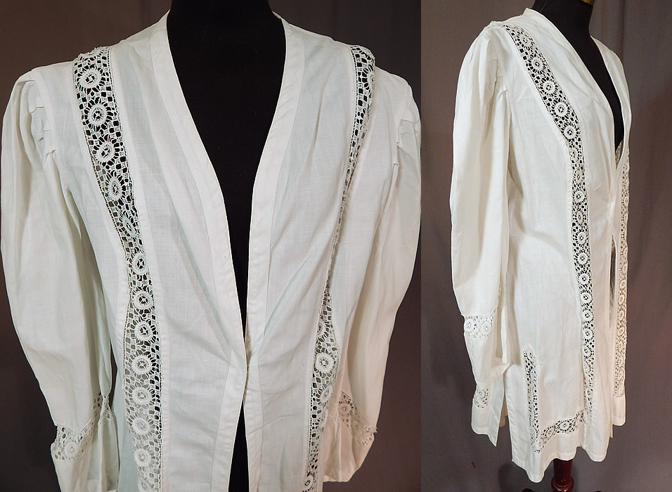 Edwardian Womens White Linen Lace Trim Walking Suit Jacket Coat
This sensational summer womens walking suit jacket is a long mid length, with side and back vent slits for easy movement, gathered shoulders, long full sleeves tapered down to a point at the cuffs, a single hook closure on the front and is unlined.