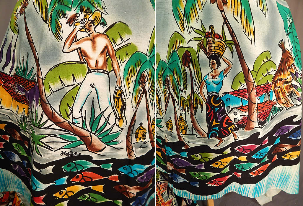 Vintage Uncut Hand Blocked Fish Shirtless Man Signed Mexico Circle Skirt Fabric
It is in excellent unused condition and ready to be created into a skirt. This is truly an amazing and rare find which has wonderful graphic art work and is a great piece of Mexican textile art!