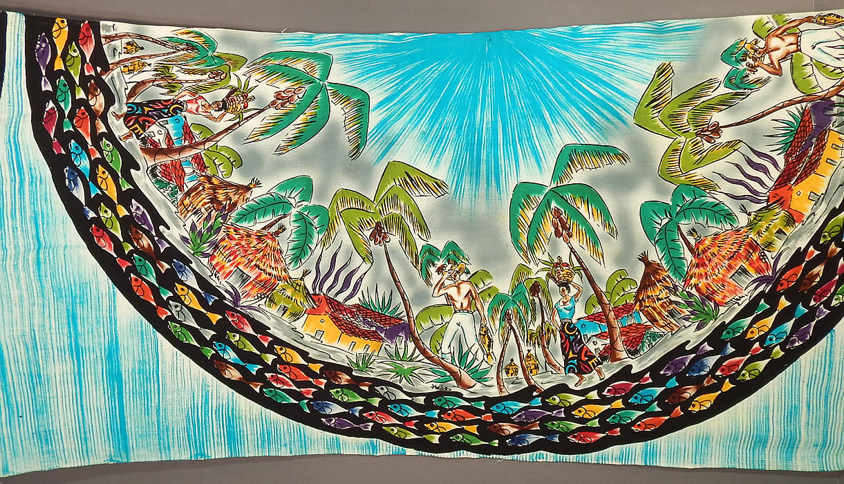 Vintage Uncut Hand Blocked Fish Shirtless Man Signed Mexico Circle Skirt Fabric
This rare unused uncut fabric would have been used to create a full circle skirt and has two matching painted panels still attached into one long piece of fabric. 