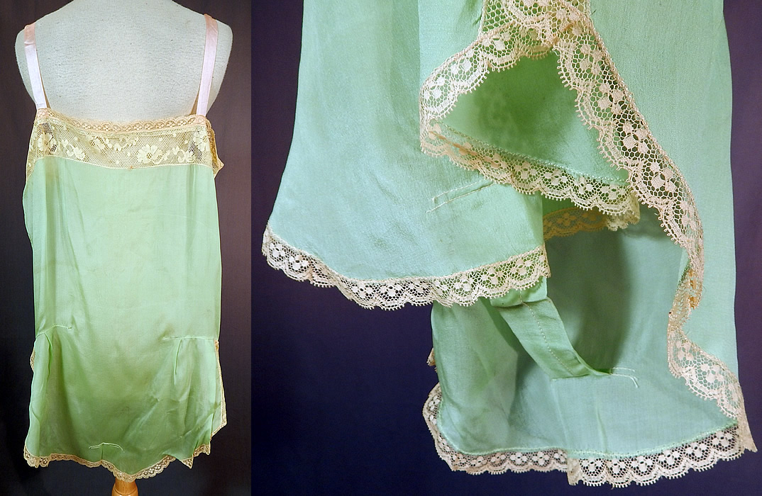 Vintage Mint Green Silk Rosette Lace Lingerie Chemise Camiknicker Teddy
This lovely lingerie one piece romper, camiknicker teddy chemise is loose fitting, has a crotch panty panel, flared shorts at the hips, pink silk ribbon shoulder straps, drawstring adjustable neckline and is unlined. The teddy measure 32 inches long, with a 36 inch bust, 36 inch waist and 42 inch hips.