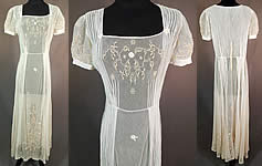 Vintage White Tulle Net Pintuck Pleat Embroidered Lace Applique Maxi Dress
