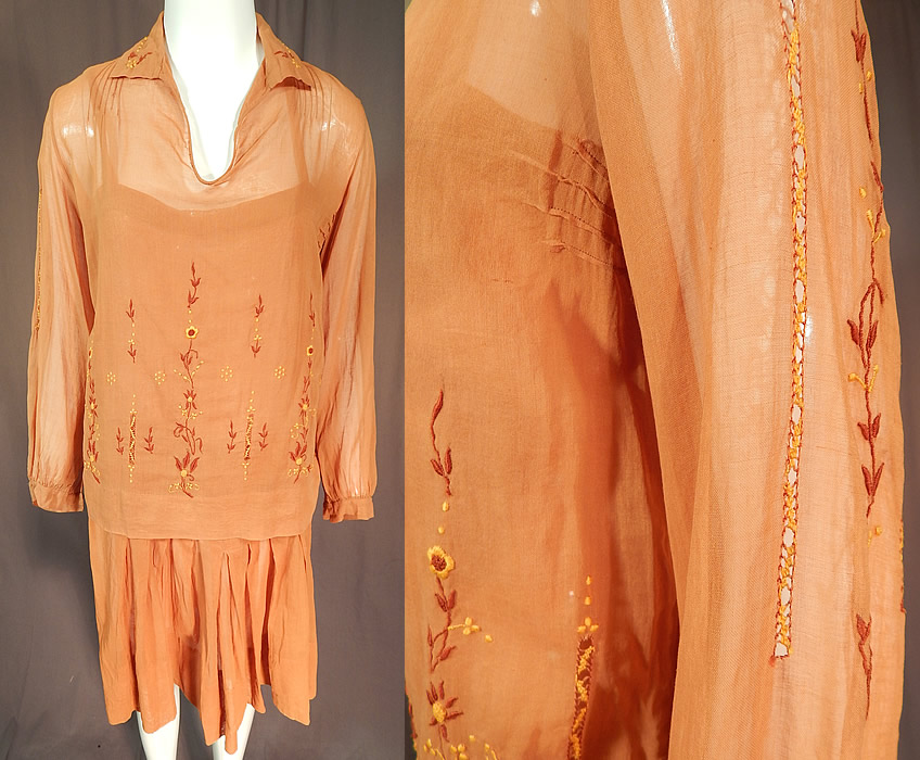 Vintage Brown Cotton French Knot Embroidery Boho Peasant Slip Dress & Blouse
This vintage brown cotton French knot embroidery boho peasant slip dress and blouse dates from the 1920s. It is made of a orangish light brown color cotton muslin sheer fabric, with brown and yellow raised padded satin stitch, French knot, drawn thread, embroidery work of vine leaf flowers on the top, collar and sleeves. 