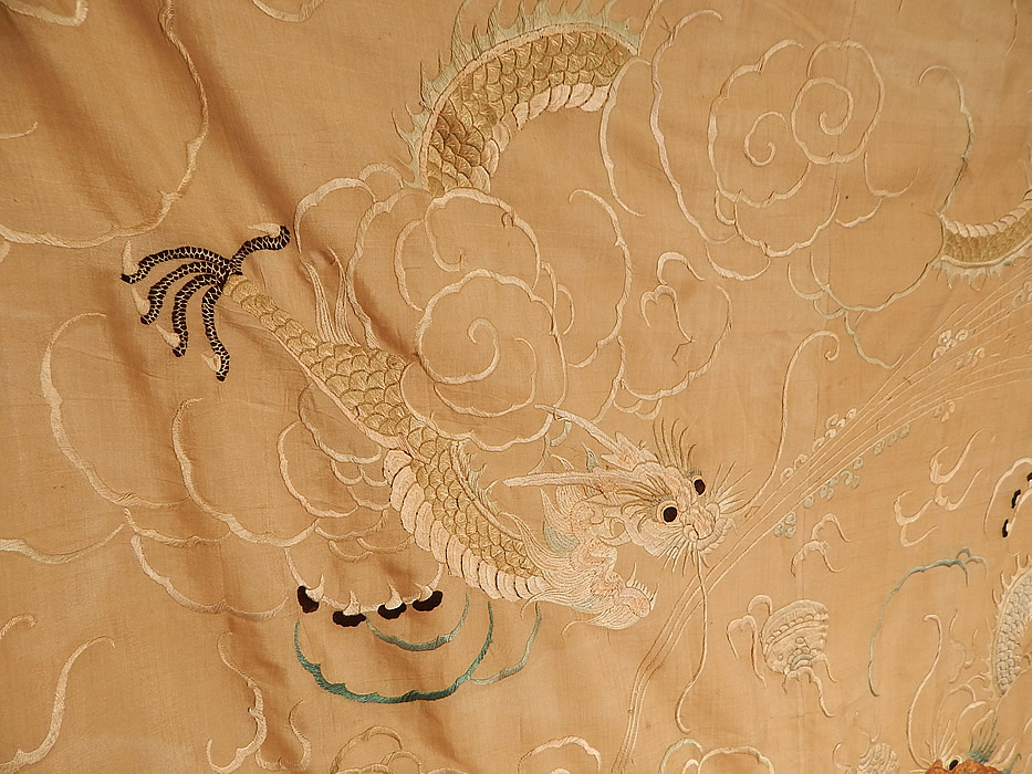 Antique Chinese Dragon Pongee Raw Silk Embroidery Fringe Shawl Tablecloth Tapestry
The textile measures 44 by 44 inches. It is in good condition, with only some small faint stains and frays on the silk backing lining and a small frayed break in the fringe corner. This is truly a wonderful piece of antique Chinese textile art! 