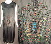 Vintage Art Deco Black Silk Colorful Beaded Butterfly Fringed Flapper Dress
