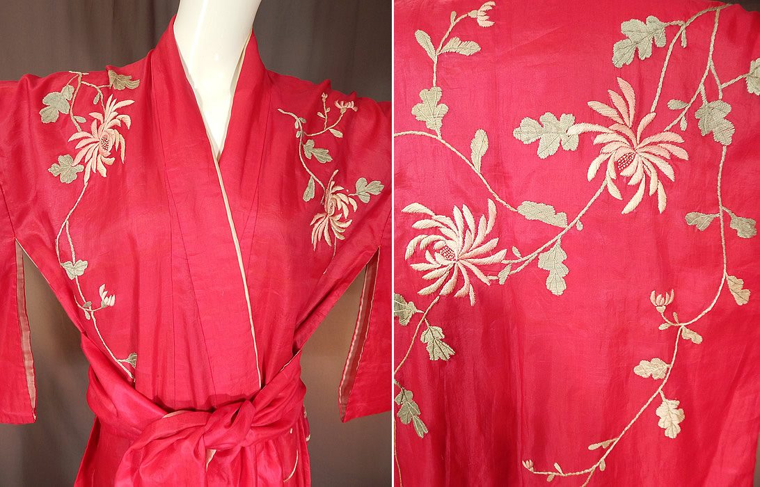 Vintage Japanese Fuchsia Pink Silk Chrysanthemum Embroidered Kimono Robe
The kimono measures 53 inches long, with 21 inch long kimono sleeves, a 50 inch chest, 50 inch waist and the sash belt is 78 inches long, 8 inches wide. 