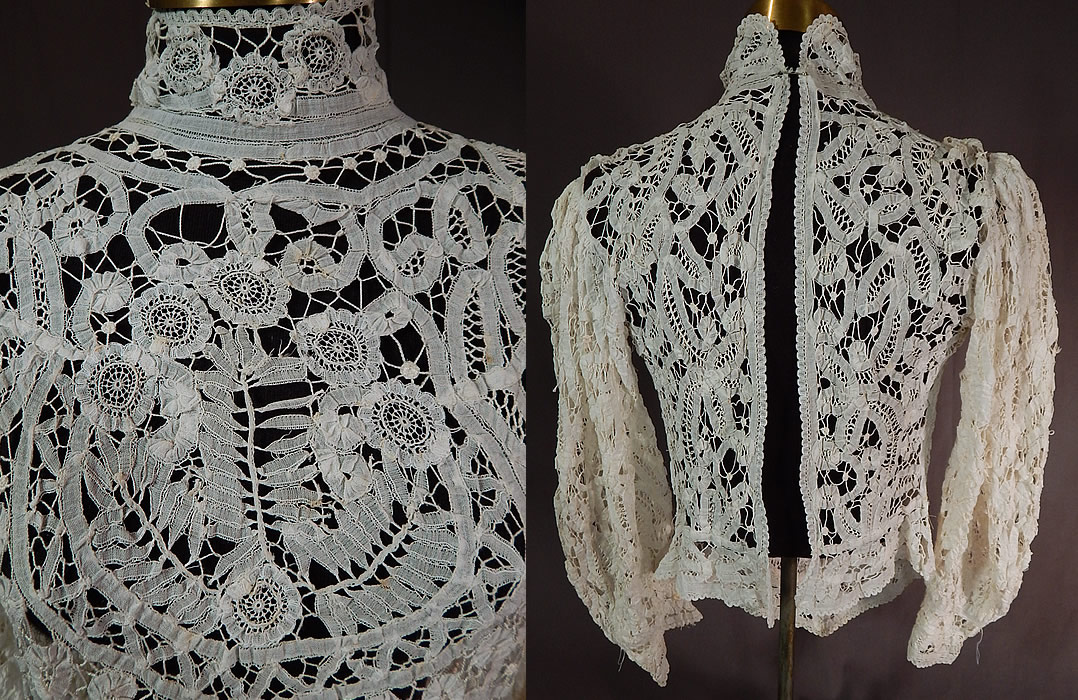 Edwardian Antique White Battenburg Princess Tape Lace Shirt Blouse Top
This lovely lace blouse has a pouter pigeon front, fitted peplum waistband coming to a point on the bottom front, a high neck band collar, gathered shoulders with long full puffy sleeves, tapered fitted cuffs, missing the back closures and is sheer, unlined. 