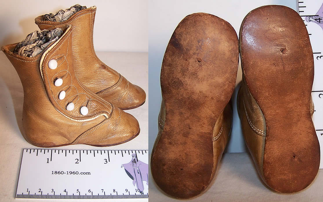 Victorian Tan High Button Baby Boots Fashion Shoes  Front view.