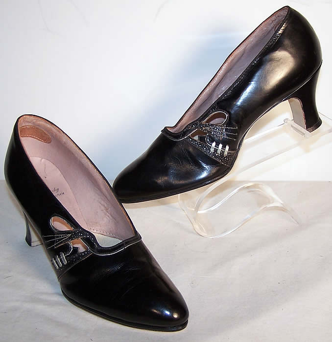  Art Deco Black & Silver Leather Flapper Shoes Front view.