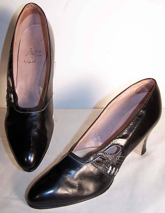 Art Deco Black & Silver Leather Flapper Shoes