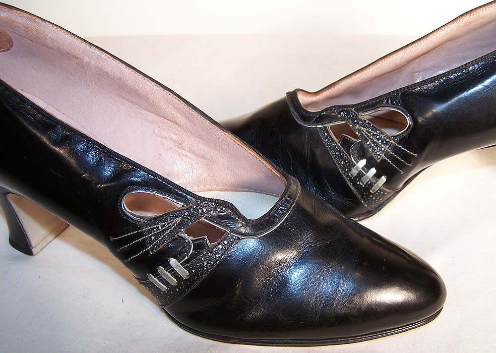 Art Deco Black & Silver Leather Flapper Shoes side view.