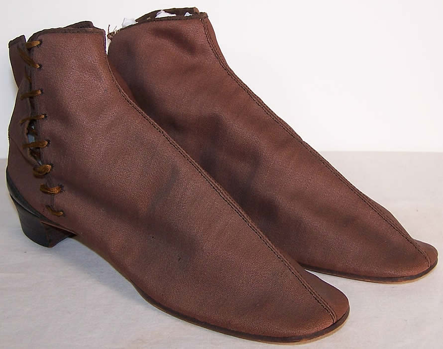 Victorian Brown Cotton Twill Dainty Half Boots Shoes  Front view.