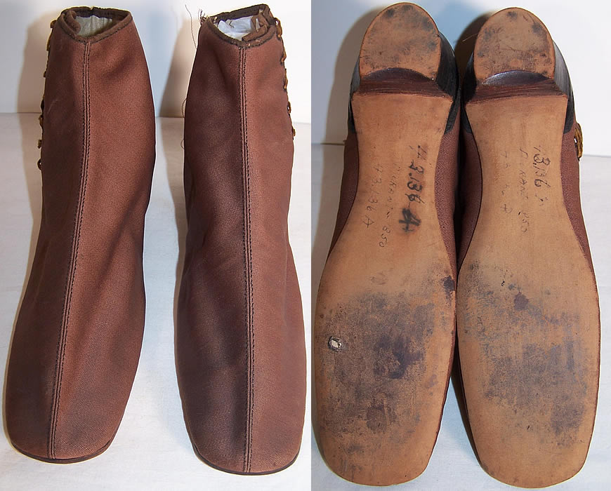 Victorian Brown Cotton Twill Dainty Half Boots Shoes Close up.