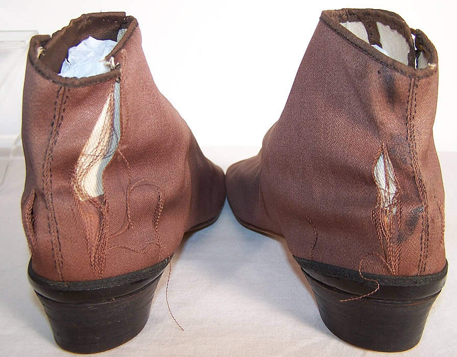 Victorian Brown Cotton Twill Dainty Half Boots Shoes Close up.