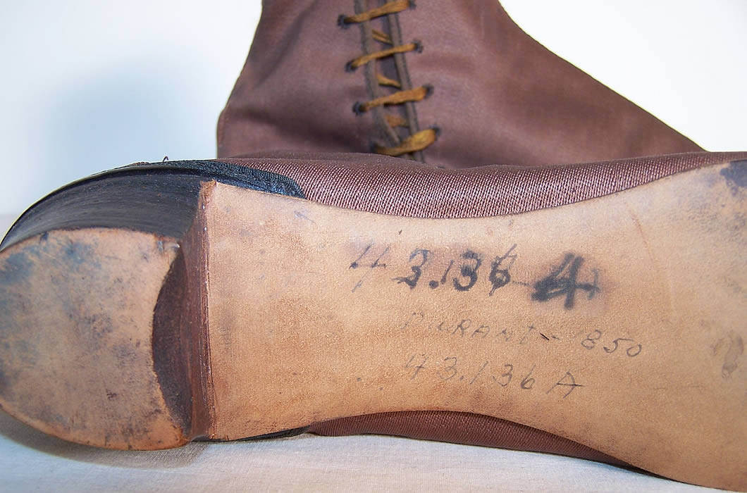 Victorian Brown Cotton Twill Dainty Half Boots Shoes Close up.