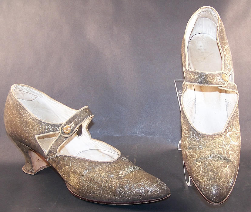 Art Deco Gold Lamé Brocade Mary Jane Button Strap Shoes