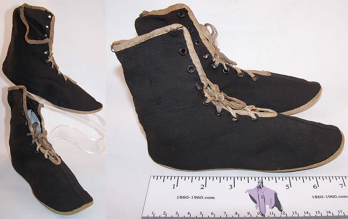 Child Edwardian Black Canvas Bathing Boots Shoes  Front view.