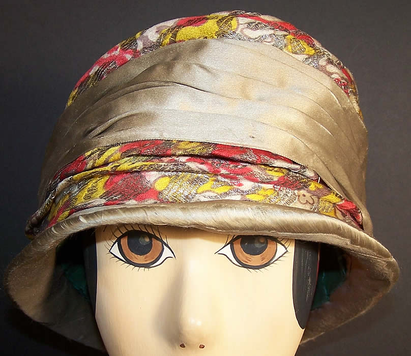 Art Deco Gray Silk Silver Lamé Flapper Cloche Hat  Front view.