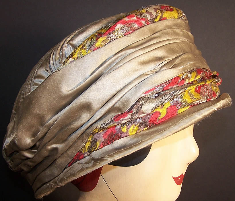 Art Deco Gray Silk Silver Lamé Flapper Cloche Hat side view.