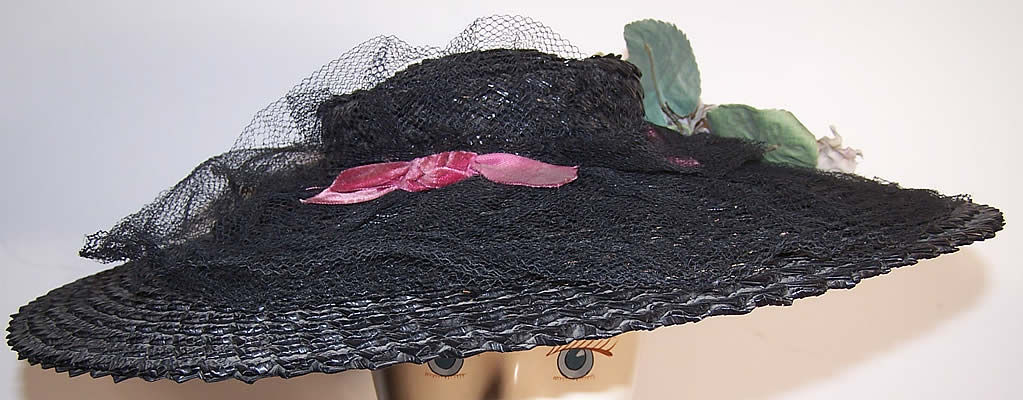 Black Straw Lilac Flower Wide Brim Cartwheel Hat  Front view.