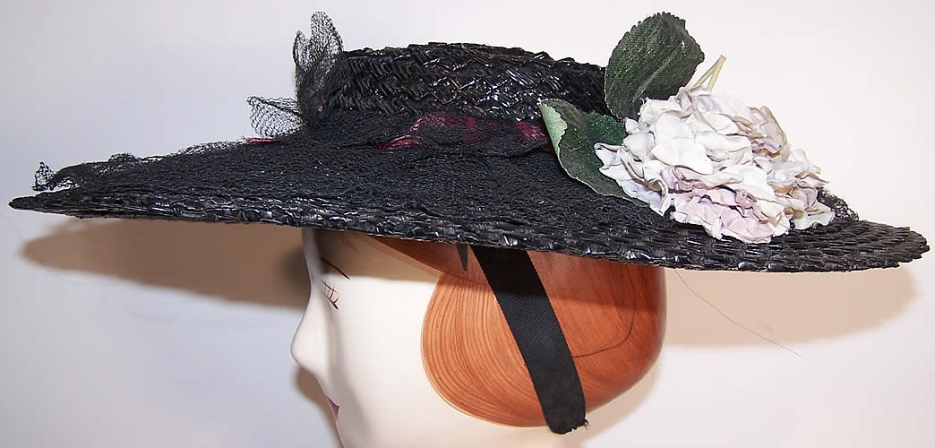 Black Straw Lilac Flower Wide Brim Cartwheel Hat Back View.