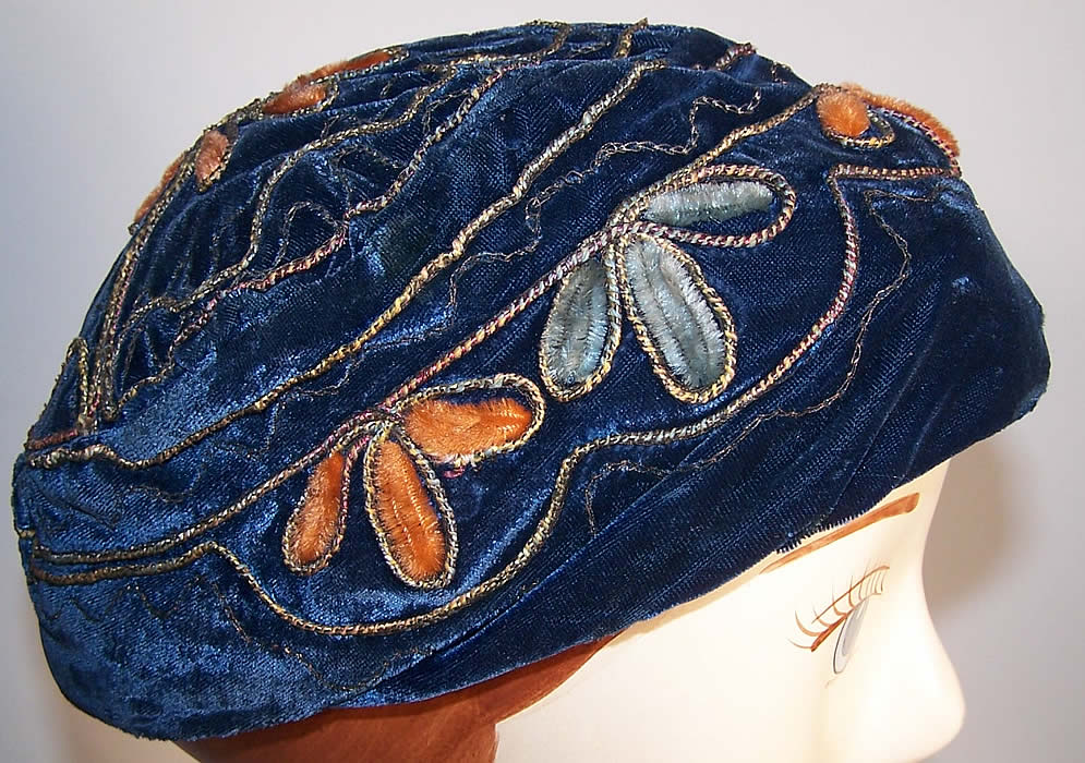 Blue Velvet Gold Chenille Embroidery Skullcap Cloche Hat  Front view.