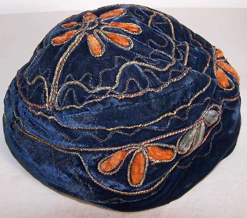 Blue Velvet Gold Chenille Embroidery Skullcap Cloche Hat Back View.