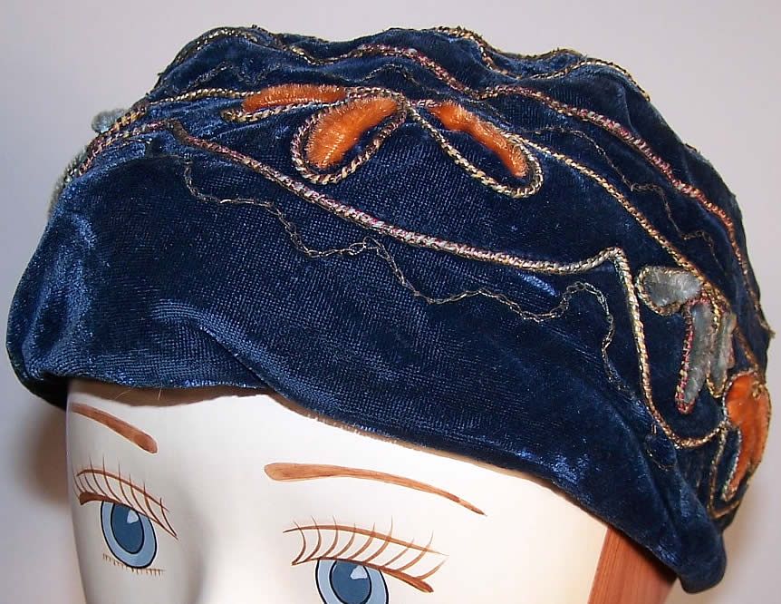 Blue Velvet Gold Chenille Embroidery Skullcap Cloche Hat side view.