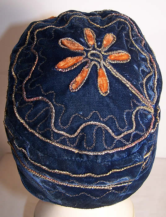 Blue Velvet Gold Chenille Embroidery Skullcap Cloche Hat Close up.