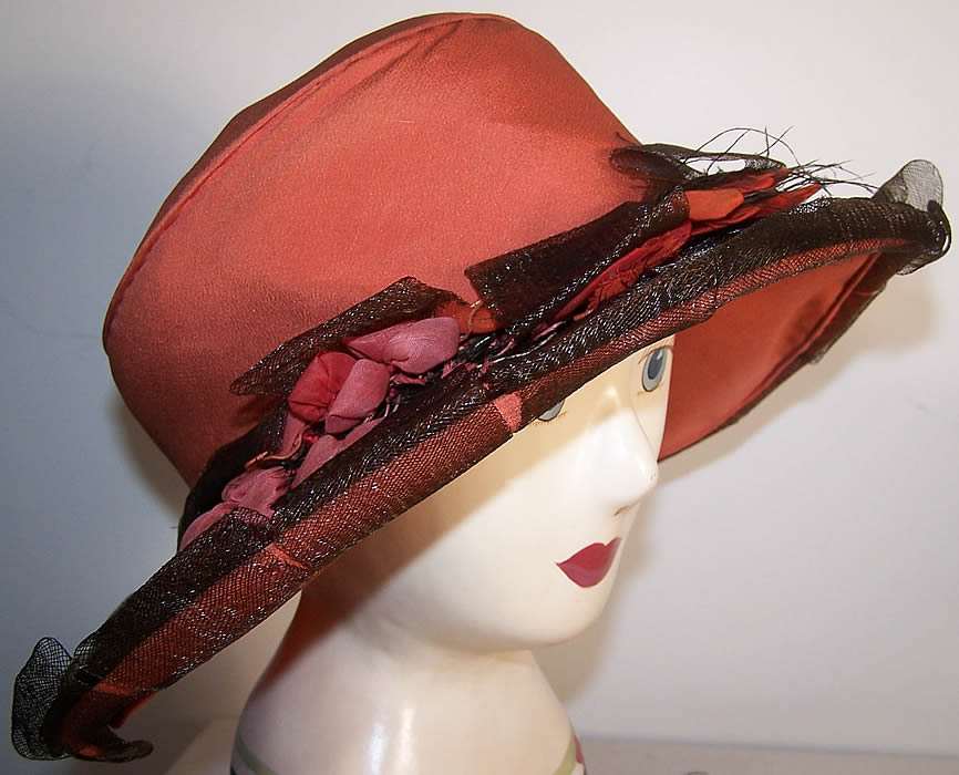 Edwardian Coral Silk Brown Net Wide Brim Hat  Front view.