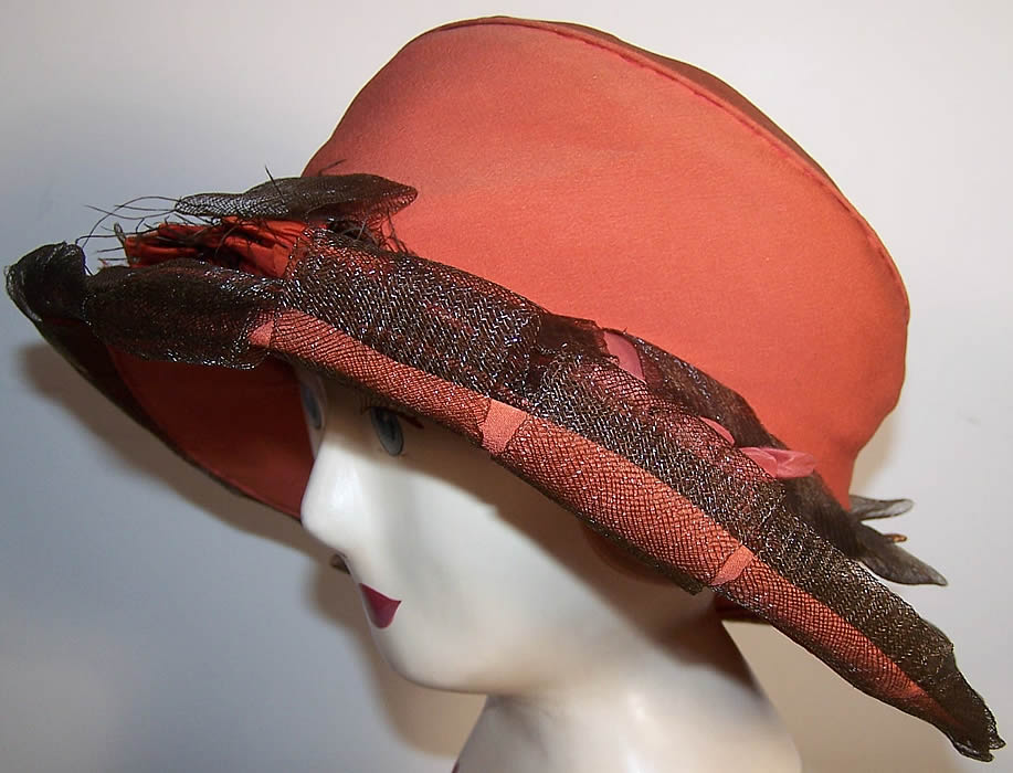 Edwardian Coral Silk Brown Net Wide Brim Hat