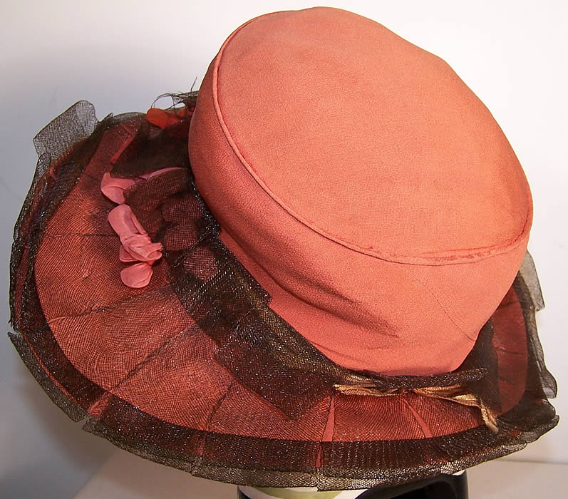 Edwardian Coral Silk Brown Net Wide Brim Hat Close up.