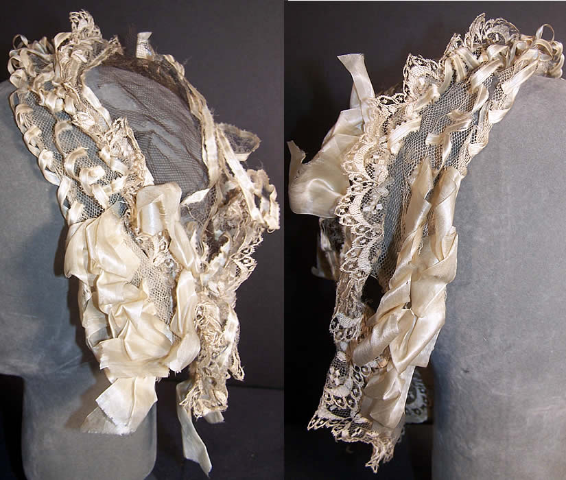 Victorian White Silk Ribbon Lace Net Snood Headdress  Front view.