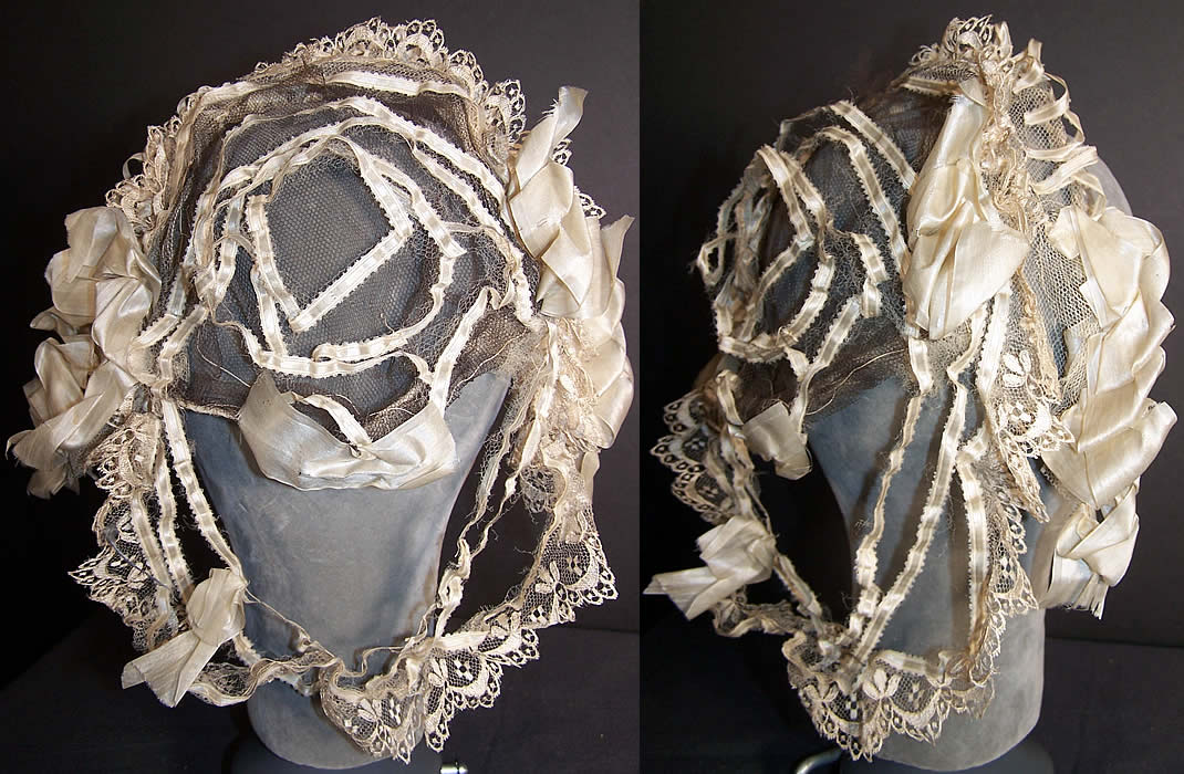 Victorian White Silk Ribbon Lace Net Snood Headdress Back View.