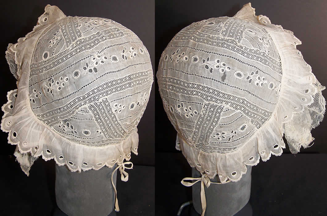 Antique Whitework Linen Lace Womens Indoor Cap Back View.