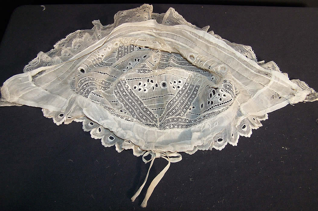 Antique Whitework Linen Lace Womens Indoor Cap Close up.