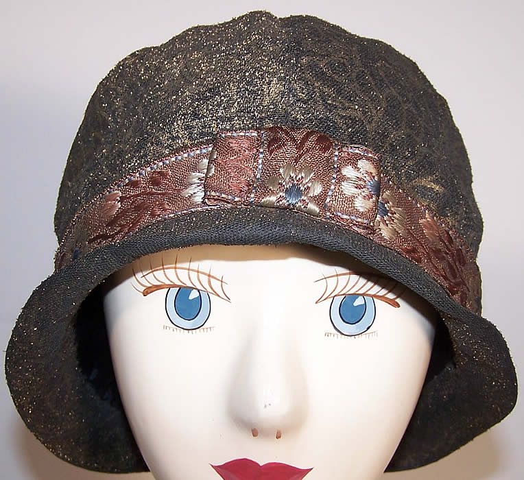 Art Deco Gold Brocade Lamé Fulton Millinery Flapper Cloche Hat  Front view.