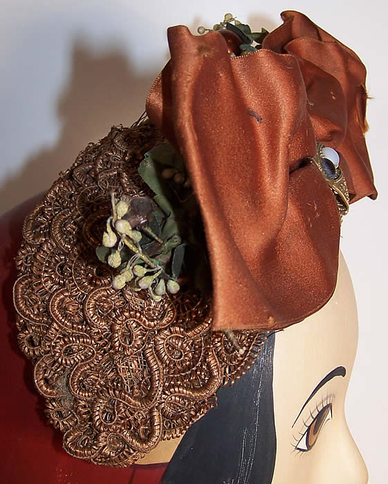 Victorian Brown Straw Silk Bow Bonnet Fancy Hat Headdress