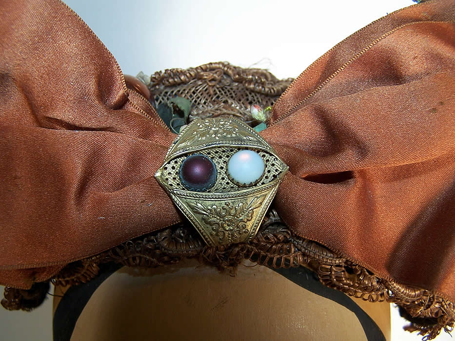 Victorian Brown Straw Silk Bow Bonnet Fancy Hat Headdress