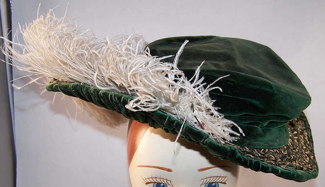 Victorian Emerald Green Velvet White Feather Brim Hat