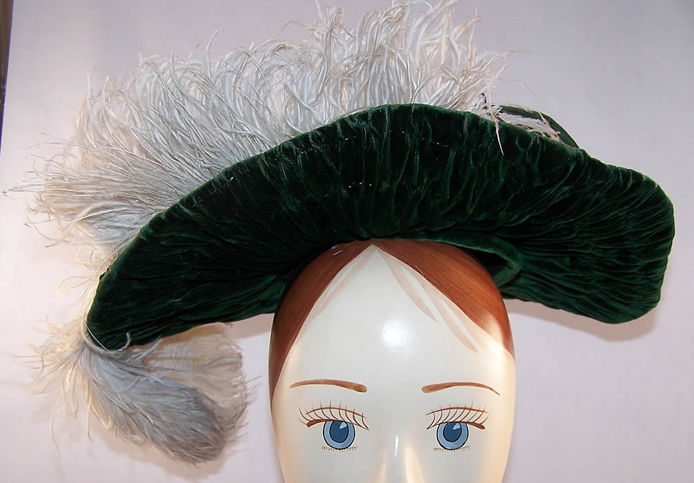 Victorian Emerald Green Velvet White Feather Brim Hat Close up.