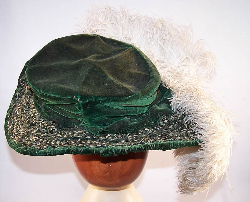  Victorian Emerald Green Velvet White Feather Brim Hat Close up.