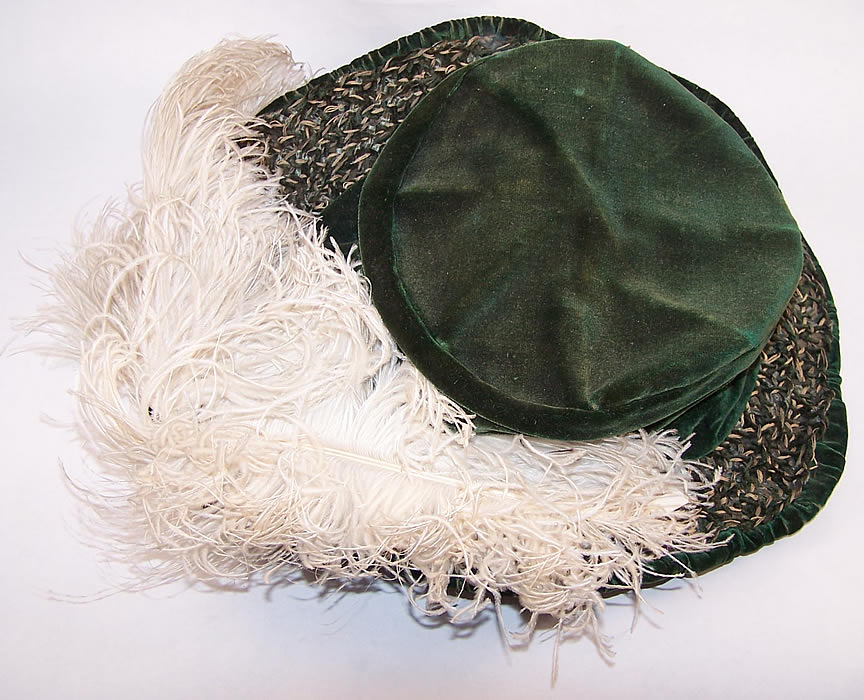 Victorian Emerald Green Velvet White Feather Brim Hat Close up.