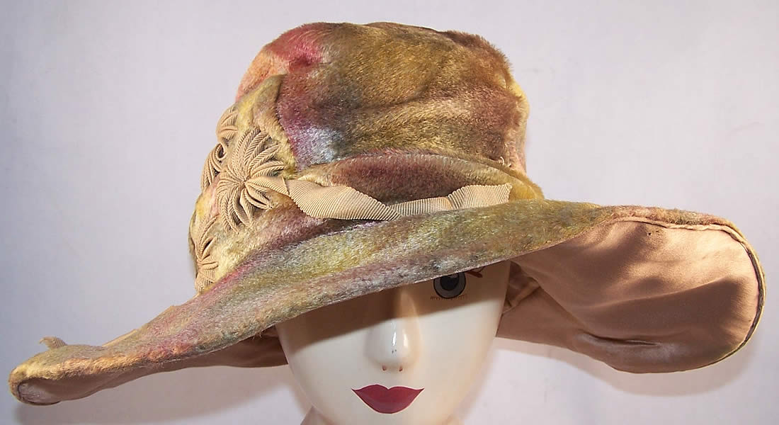  Art Nouveau Rainbow Plush Velvet Rosette Wide Brim Hat  Front view.