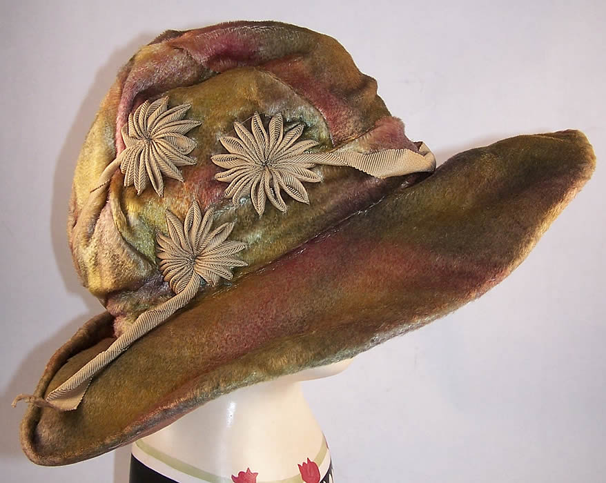 Art Nouveau Rainbow Plush Velvet Rosette Wide Brim Hat 