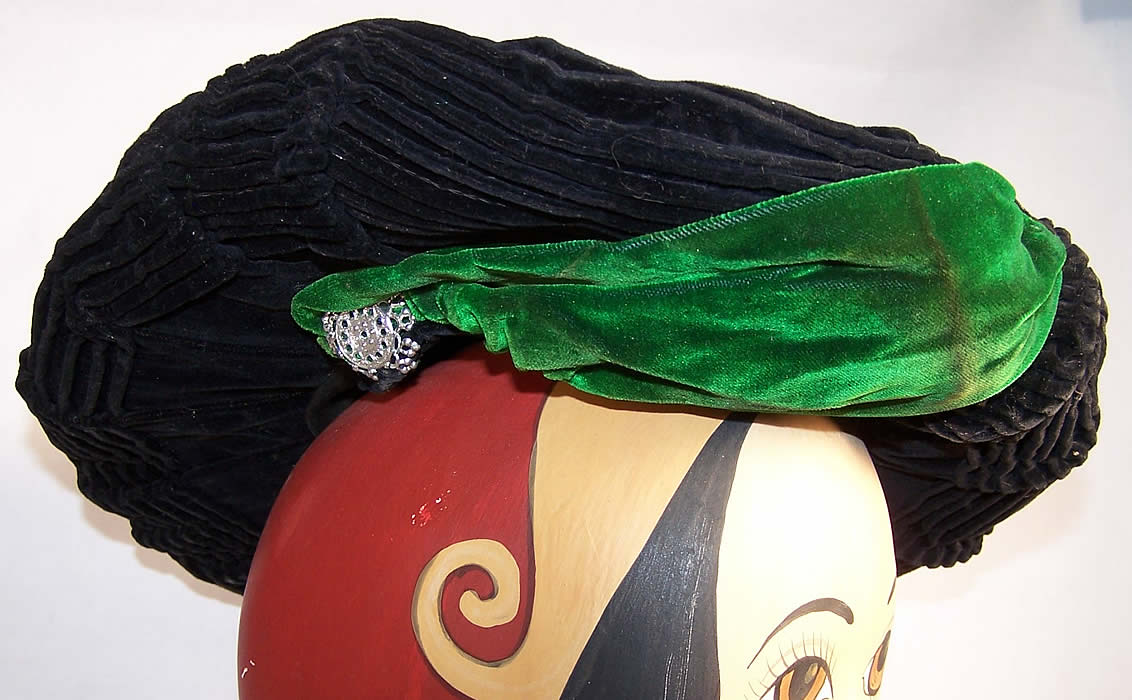 Victorian Pleated Black Green Velvet Wide Brim Plate Hat Side View.