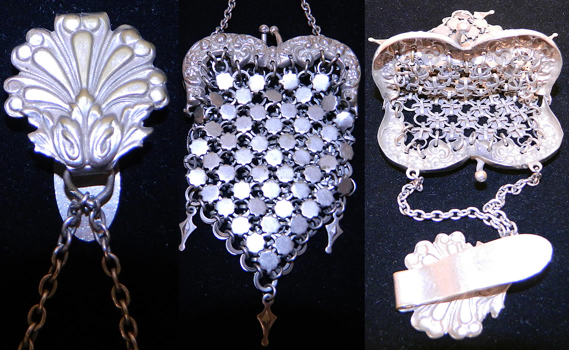 Victorian Antique Silver Repousse Chainmail Chatelaine Coin Purse & Belt Clip. 